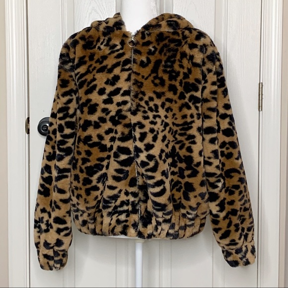 Wild Fable Leopard Faux Fur Teddy Coat Hood Sz L - Picture 2 of 11